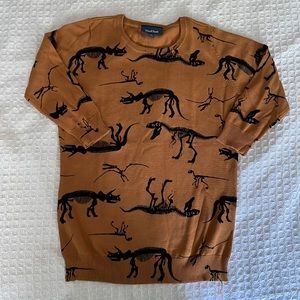 ModCloth “Put to Quirk” lightweight sweater, in mustard w/black dino skeletons